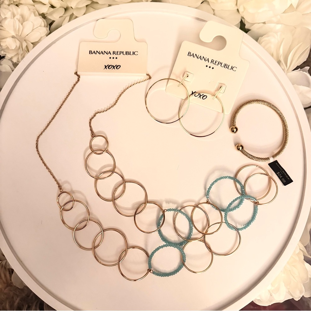 Banana Republic Gold Jewelry Bundle Necklace Earrings Bracelet NWT